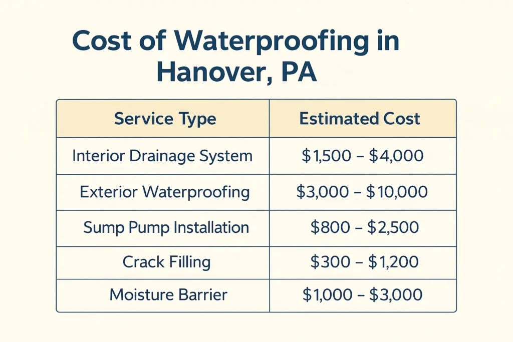 Cost of Waterproofing in Hanover, PA